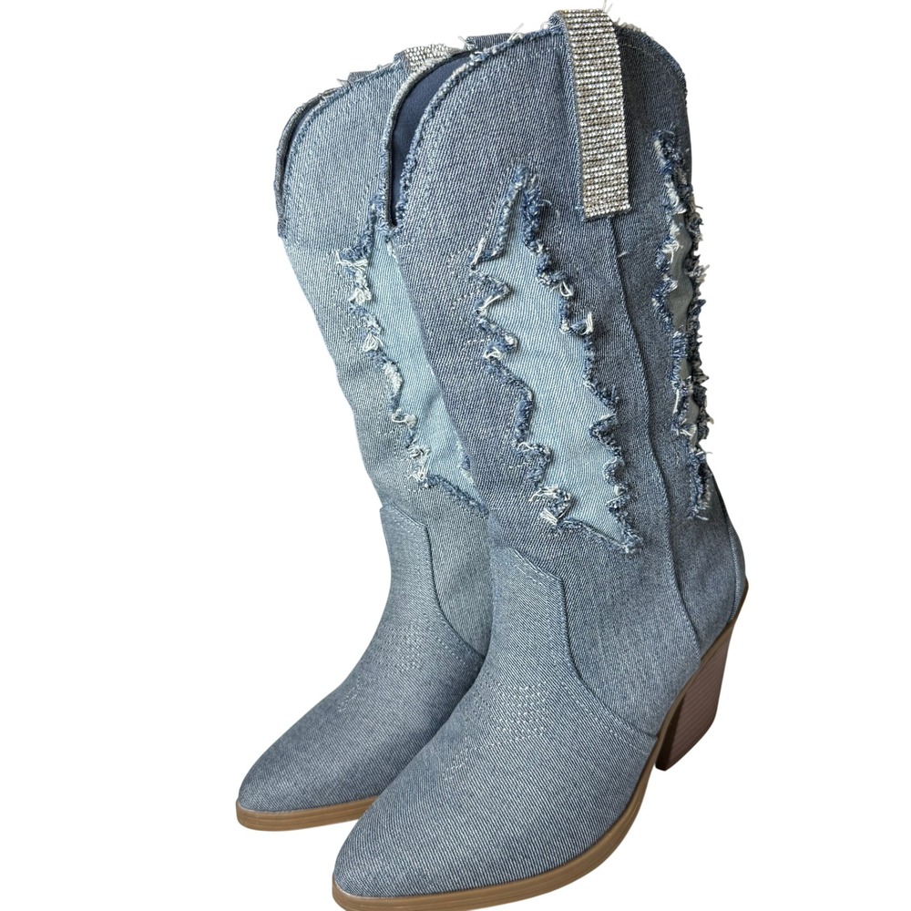 SO Denim Cowboy Boots Womens 9 Blue Western Rhinestone Pull Tab Pointed Toe Y2K